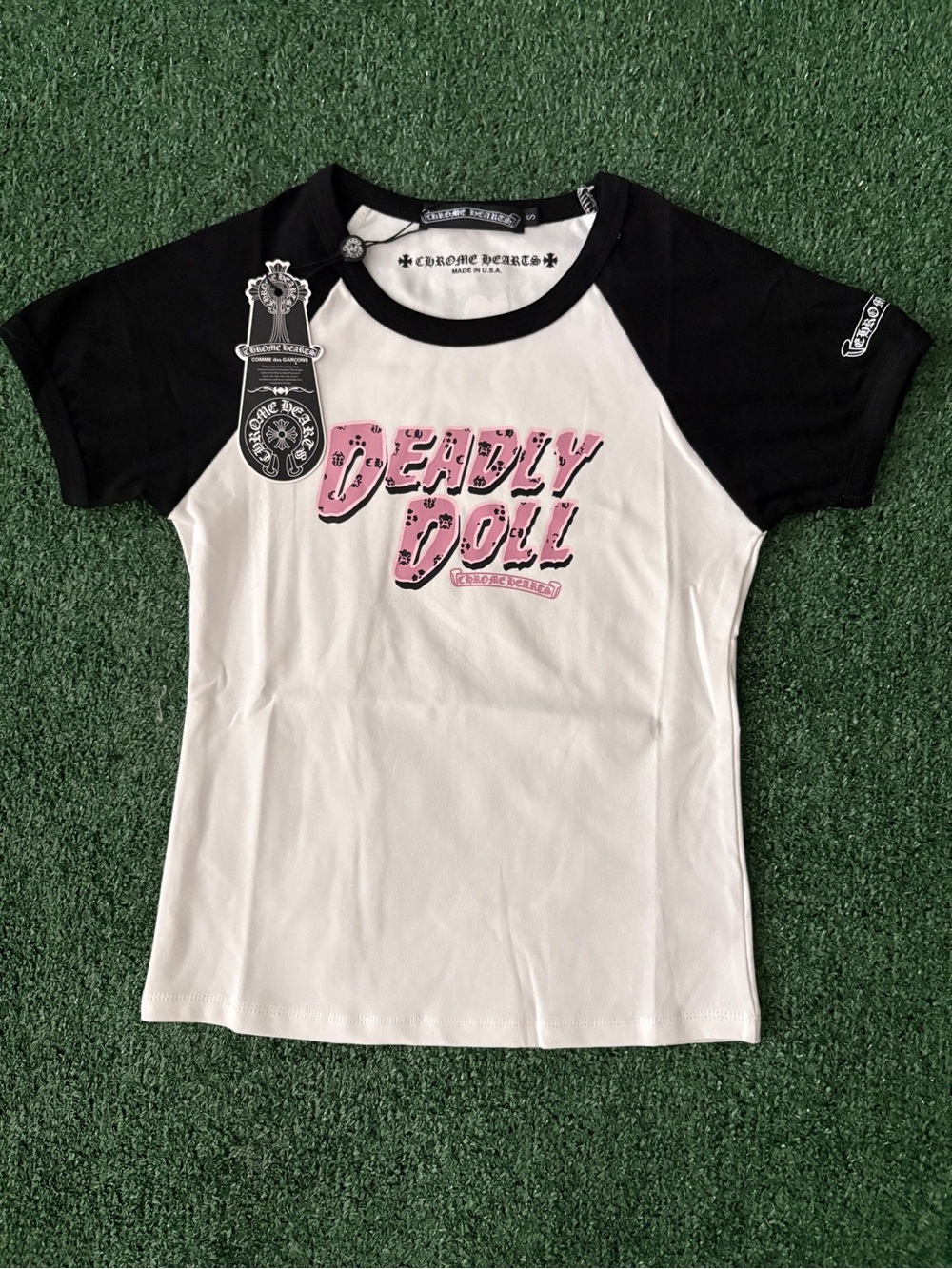 Chrome Hearts White Tee with Black Sleeves and Pink "Deadly Doll" Graphic SIZE S